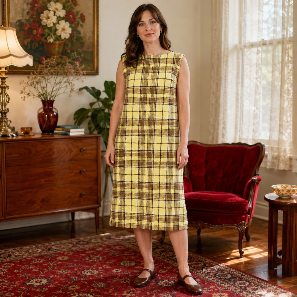 70s Vintage Handmade Yellow Plaid Shift Dress Sleeveless Jumper Midi Dress - L